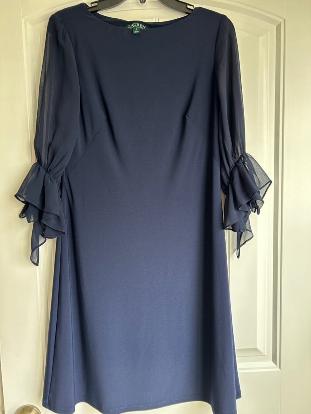 Lauren Ralph Lauren lined Navy Midi Dress with Ruffle Sleeves